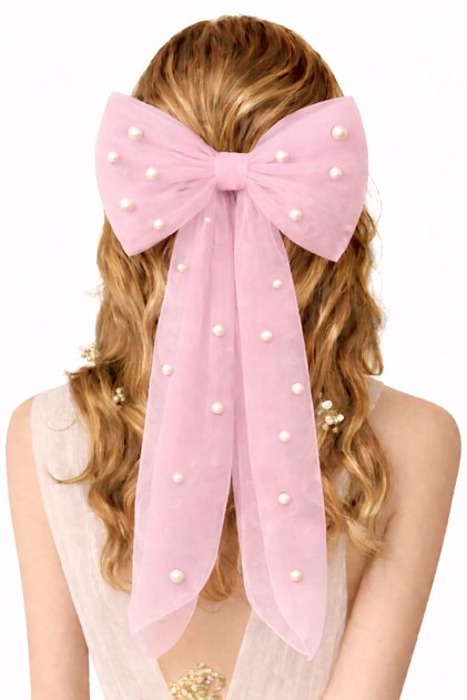 Pearl Detailed Pink Bow Hair Clip with Scalloped Edge