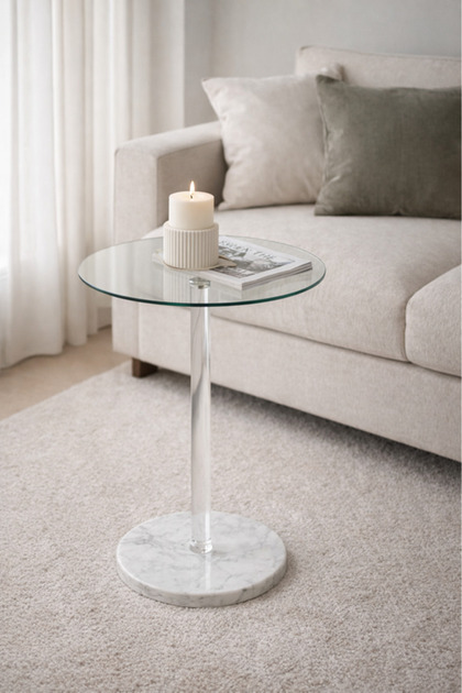 Round Glass Side Table with White Marble Base 35×35×55 cm Modern Accent round glass
