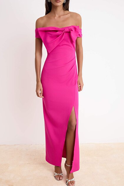 Trendyol Collection Fuchsia Carmen Collar Bow Woven Maxi Stylish Evening  Dress Night Graduation Dress Tprss25Ae00030- Trendyol