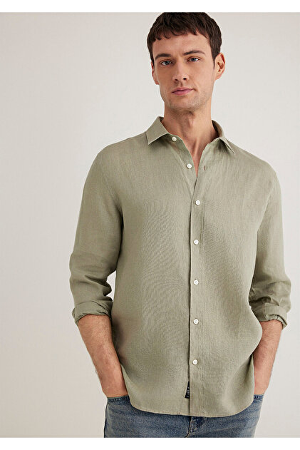 maです。 Mavi Yeşil Keten Gömlek Slim Fit / Dar Kesim 0211466-71481