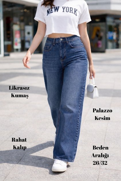 Kadın Palazzo Yüksek Bel Cotton Jean Pantolon Mavi C-613-mavi