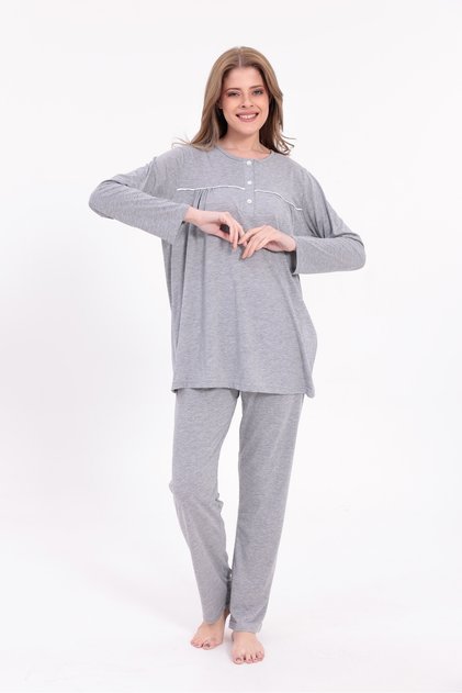 Women's Gray Piped Long Sleeve Cotton Plus Size (Oversize) Pajama Set