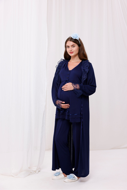 Navy Blue Lace Detailed Design Full Length Maternity Maternity Pajamas Set of 3