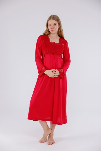 Cherry Special Lace Long Sleeve Cotton Maternity Nightgown with Nursing Features