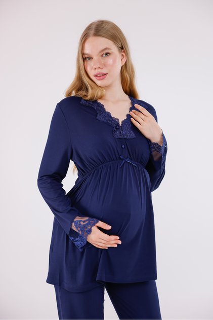 Navy Blue Lace Detailed Nursing-Friendly Cotton Maternity Pajama Set