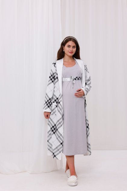 Gray Patterned Cotton Winter Long Sleeve Maternity Pajamas Set and Nightgown 4-Piece Set