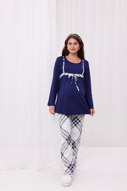 Navy Blue Plaid Patterned Cotton Maternity Pajama Set with Breastfeeding Feature