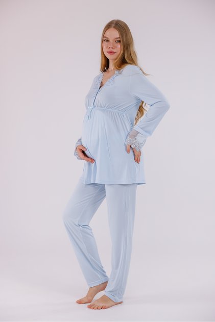 Blue Lace Detailed Nursing-Friendly Cotton Maternity Pajama Set
