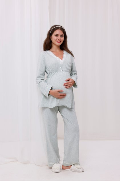 Water Green Melange Collar Lace Cotton Maternity Pajamas Set of 2