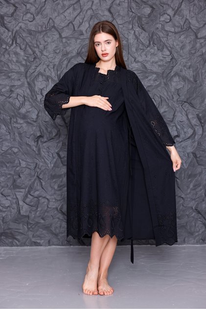 Black Fisto Linen Maternity Nightgown-Dressing Gown Set of 2