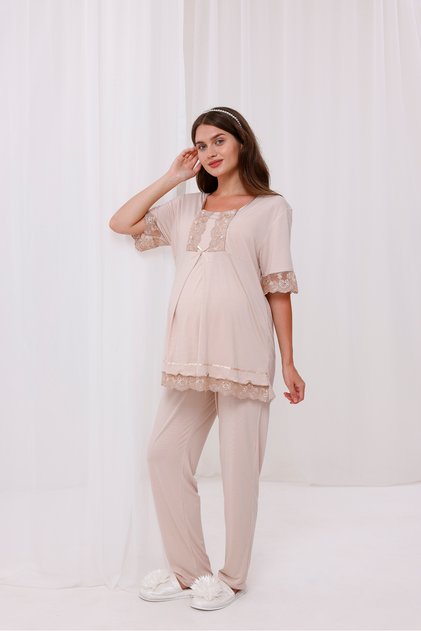 Beige Sleeve and Collar Lace Design Cotton Maternity Pajama Set
