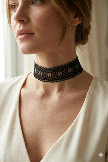 Gotik Siyah Dantel Güpür Choker Kolye