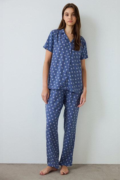 Indigo Floral Print Shirt Collar Short Sleeve Pyjama Set