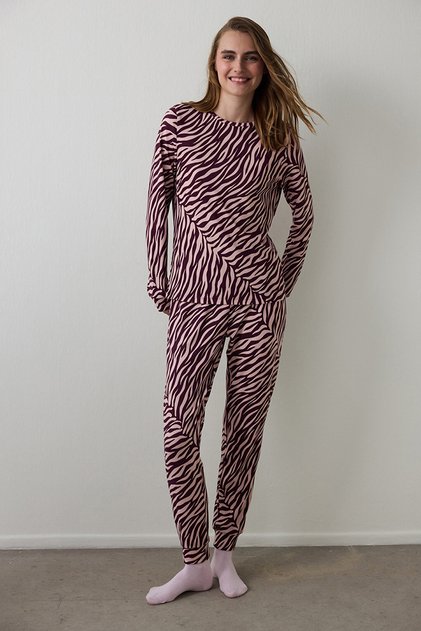 Zebra Patterned Crew Neck Long Sleeve Pajama Set