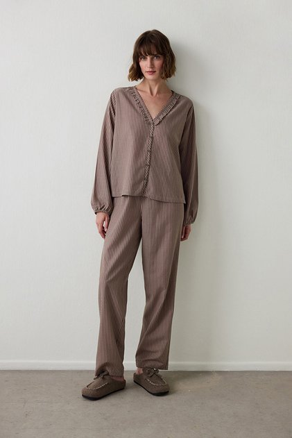 Beige Brownish Shirt Collar Detail Pajama Set