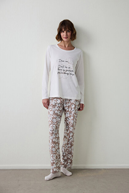 Dear Me Slogan Printed Crew Neck Long Sleeve Cotton Pajama Set