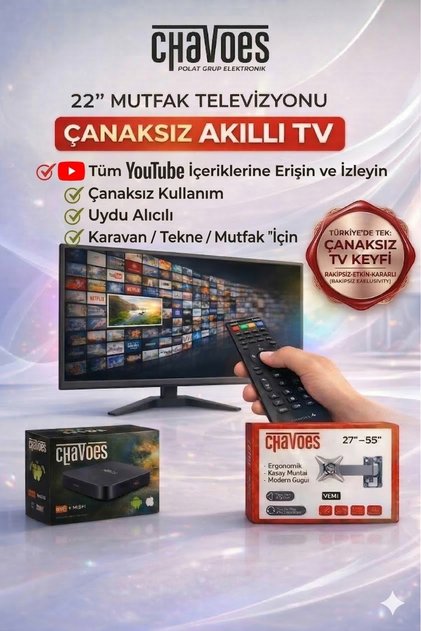 22 İnç Mutfak TV + Android Box | Çanak Antensiz WiFi TV | Askı Aparatı Hediyeli