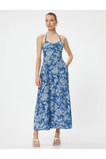 Floral Halter Neck Dress Midi Length Linen Blend with Pockets