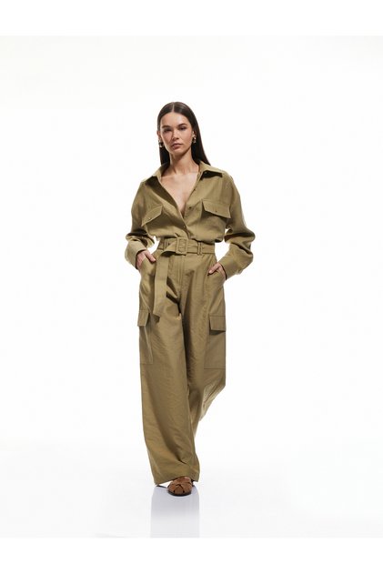 Modal Blended Pocket Detailed Wide Leg Gabardine Cargo Pants