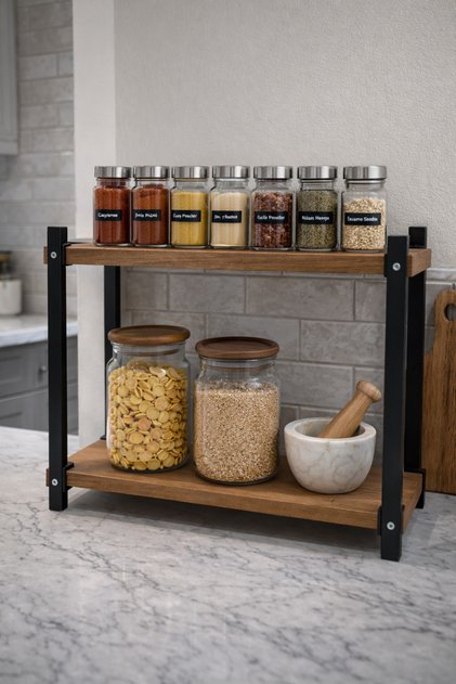 Metal Mutfak Tezgah Üstü Düzenleyici 2 Yüksek Raflı Banyo Mutfak Organizer Ceviz