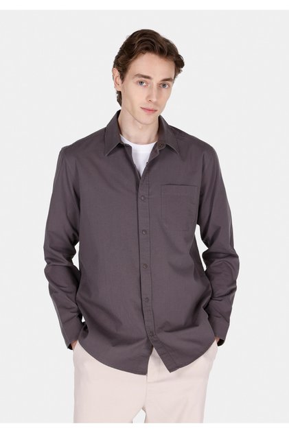 Regular Fit Shirt Neck Plain Men's Gray Long Sleeve Shirt