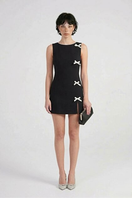HOLLY LOLLY Ribbon Detailed Slit Mini Nicola Dress Black- Trendyol HOLLY LOLLY Ribbon Detailed Slit Mini Nicola Dress Black- Trendyol