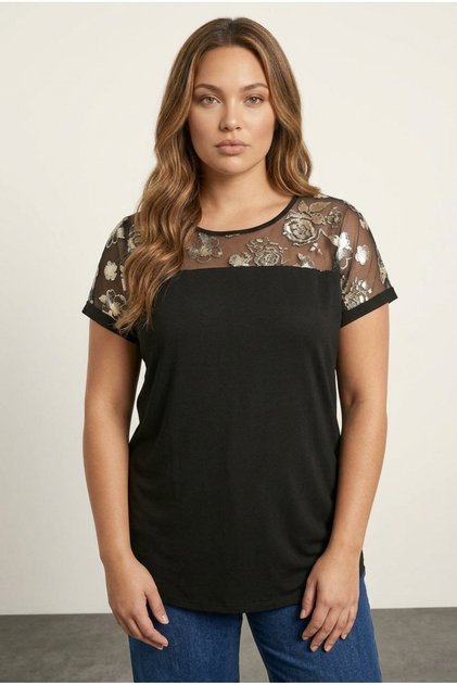 Plus Size Crew Neck Short Sleeve Lapel Sheer Blouse 303428