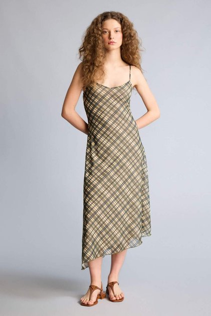 V-Neck Checkered Tulle Strap Midi Dress F7971Ax26Sp