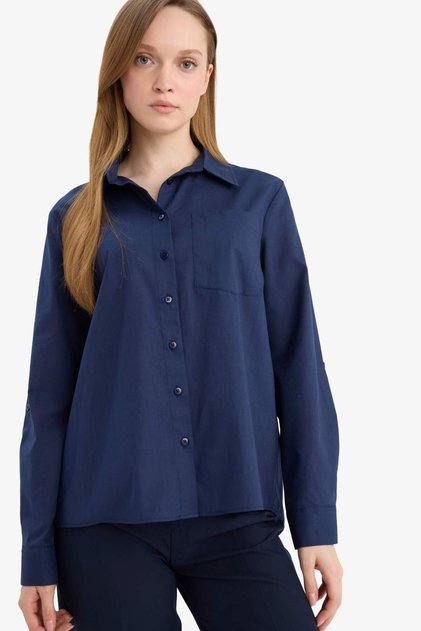 100 % Baumwolle, reguläre Passform, langärmliges, marineblaues Basic-Hemd W7734AZ26SP