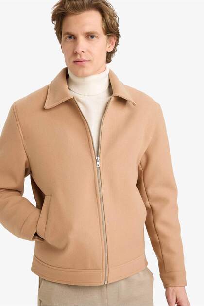 Regular Fit Shirt Collar Zippered Cashmere Look Coat G8419Ax25Wn