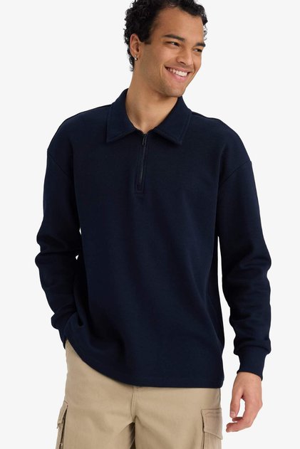 Boxy Fit Polo Neck Half Zip Pique Sweatshirt G6471Ax25Wn
