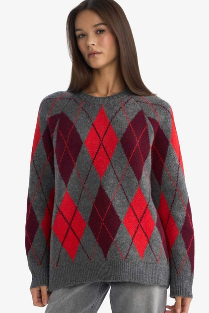 Übergroßer Strickpullover mit Rundhalsausschnitt und Rautenmuster G4418AX25WN