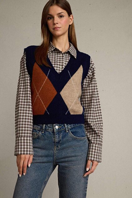 Slim Fit Slim Fit V-Neck Argyle Pattern Sweater G6301Ax25Wn