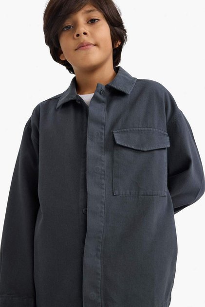 100% Cotton Oversize Wide Fit Polo Collar Long Sleeve Shirt for Boys G3621A825Au