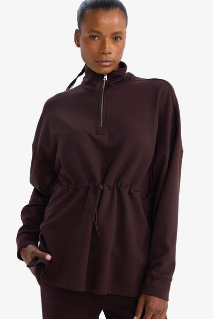 Warm Long Fit High Neck Modal Sports Sweatshirt with Elastic Waist and Half Zipper G4367Ax25Wn