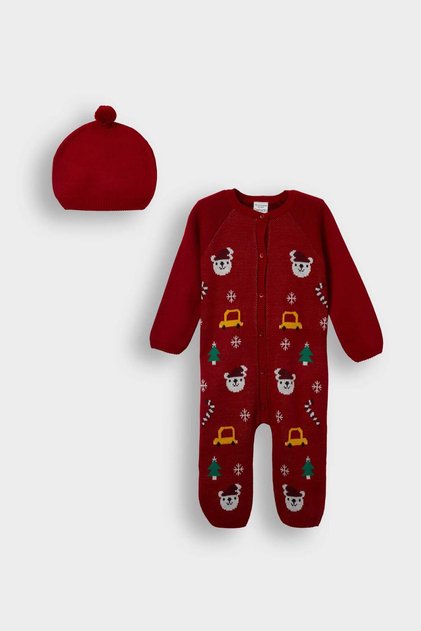 2-Piece Set Christmas Themed Long Sleeve Jumpsuit Beanie Baby Boy Newborn F3235A525Wn