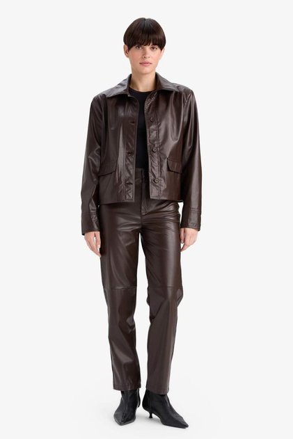 Straight Fit Short Leg Ankle Length Leather Trousers with Pockets G1274Ax25Au