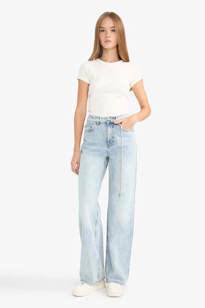 100% Cotton Straight Wide High Waist Straight Leg Long Jean Trousers F2945Ax25Wn
