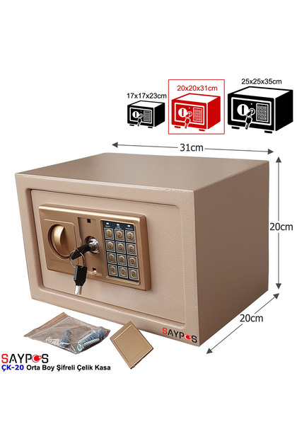 Şık Tasarımlı 2ocm'lik Şifreli Çelik Kasa, Elektronik Tuşlu Değerli Eşya ve Para Kasası 31x20x20cm