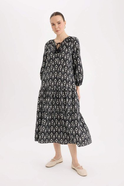 A-Line V-Neck Print Long Sleeve Midi Dress D8912Ax25Sp
