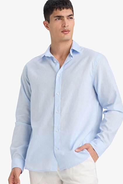 Regular Fit Polo Collar Linen Blended Summer Long Sleeve Shirt E0518Ax25Sm
