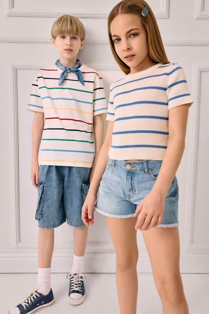 Cropped Fit Crew Neck Striped Short Sleeve Knitwear Sweater Girls E4293A825Sm