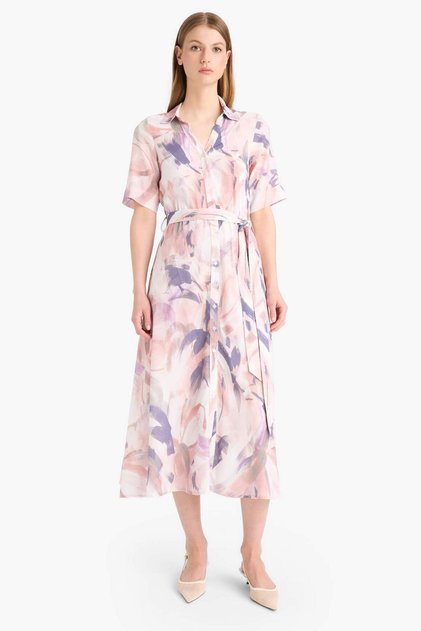 Shirt Collar Tie-Dye Print Belted Short Sleeve Midi Summer Dress F1827Ax25Sm