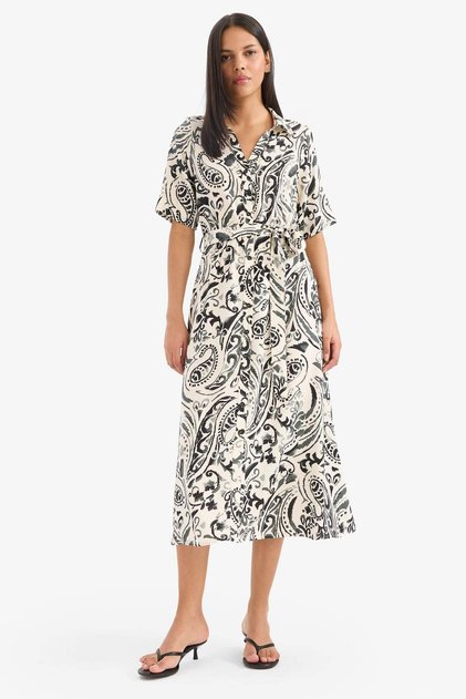 Shirt Collar Floral Belted Short Sleeve Midi Summer Dress F1827Ax25Sm