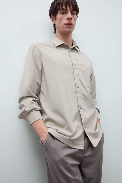 Regular Fit Polo Collar Basic Plain Seersucker Long Sleeve Shirt D8713Ax25Sp