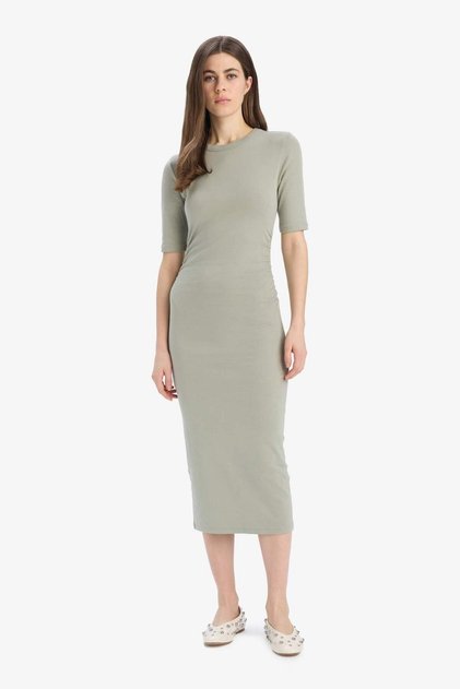 Bodycon Body-Hugging Crew Neck Ribbed Short Sleeve Midi Dress E6003Ax25Sp