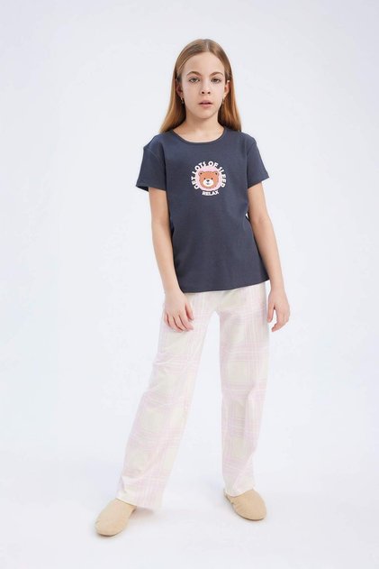 100% Cotton Printed Ribbed Knit Pajama Set for Girls E2221A825SM