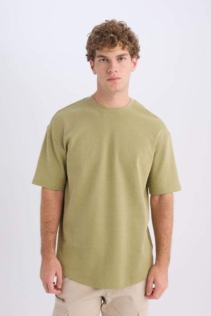 Boxy Fit Rundhalsausschnitt Kurzarm Basic Waffle T-Shirt B4443AX25SP