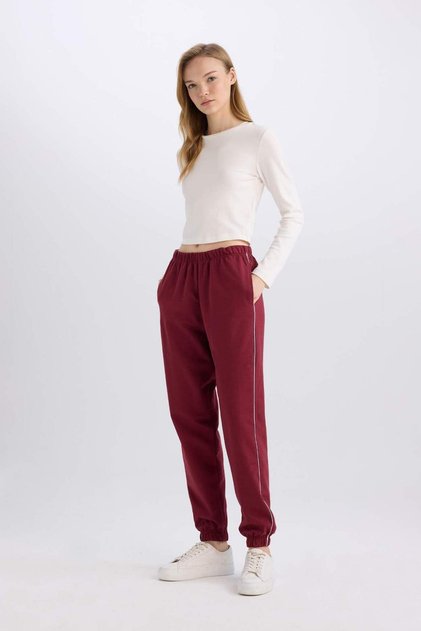 Burgundy Jogger Sweatpants with Pockets, Flexible Waist, Lace-Up, Narrow Leg, Long Length E5976Ax