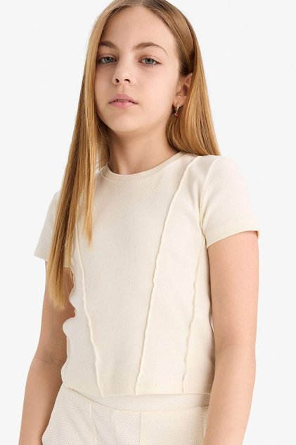 Slim Fit Narrow Cut Crew Neck Basic Plain Ribbed Short Sleeve T-Shirt Girls C0104A825Sm